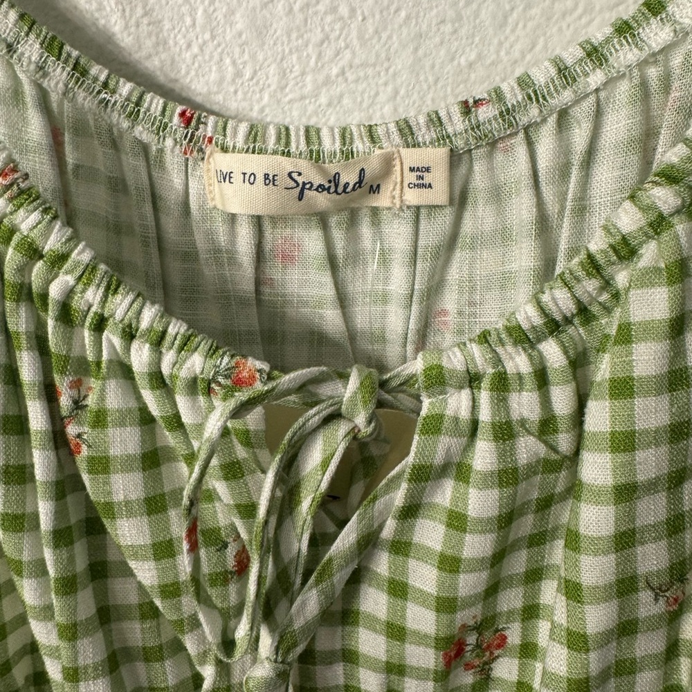 Spoiled Green Pajama Top with Gingham Pattern